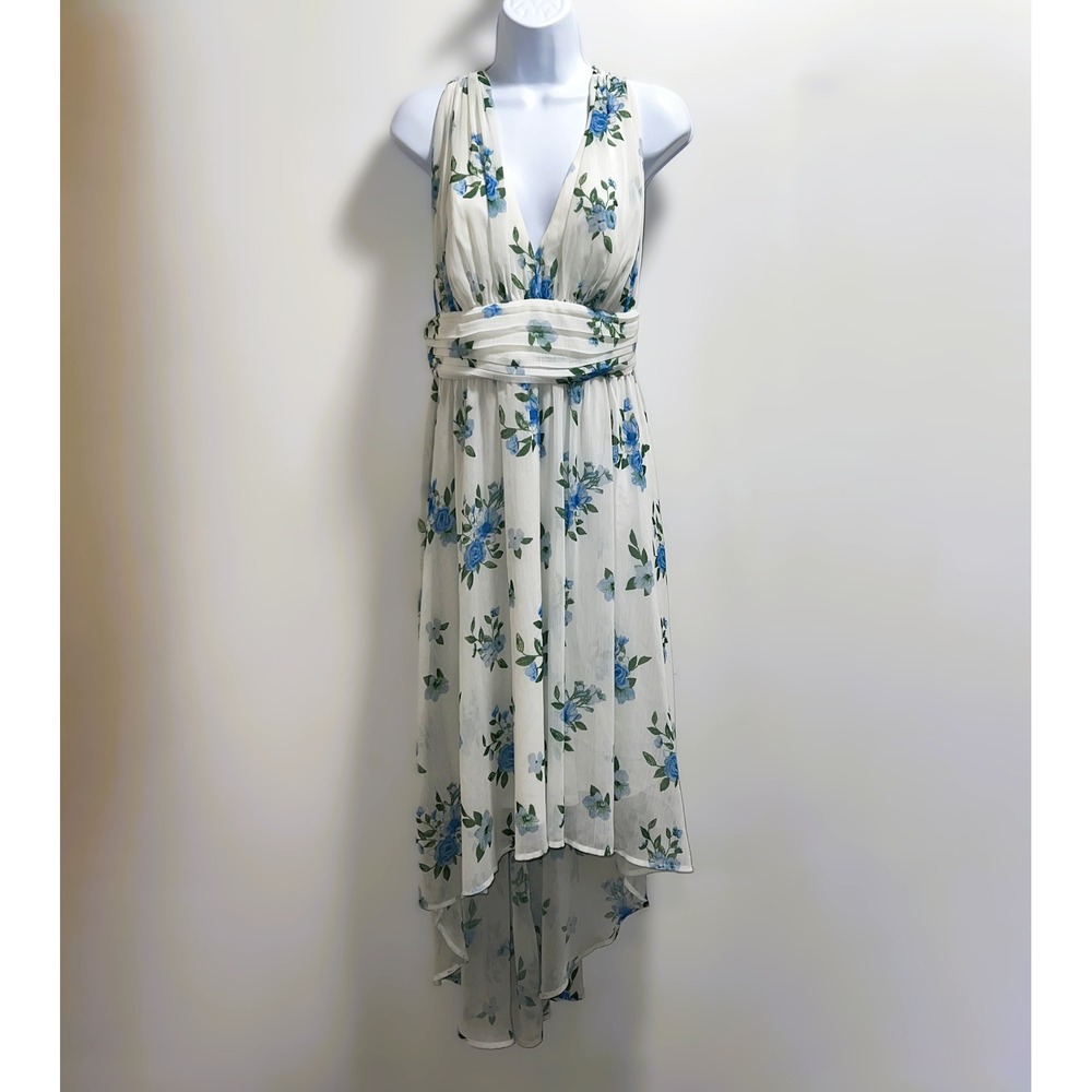 Disney Princess White/Blue Floral Chiffon High-Low Halter Dress L Fairy Cottage - Picture 1 of 6